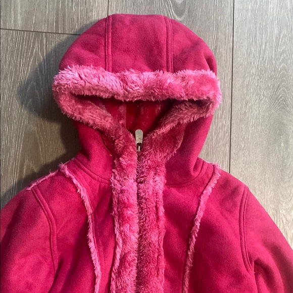 Girls Y2K Kids Pink Hooded Jacket Sz 5 Vegan Suede Leather Warm Winter Long Coat - Picture 3 of 7